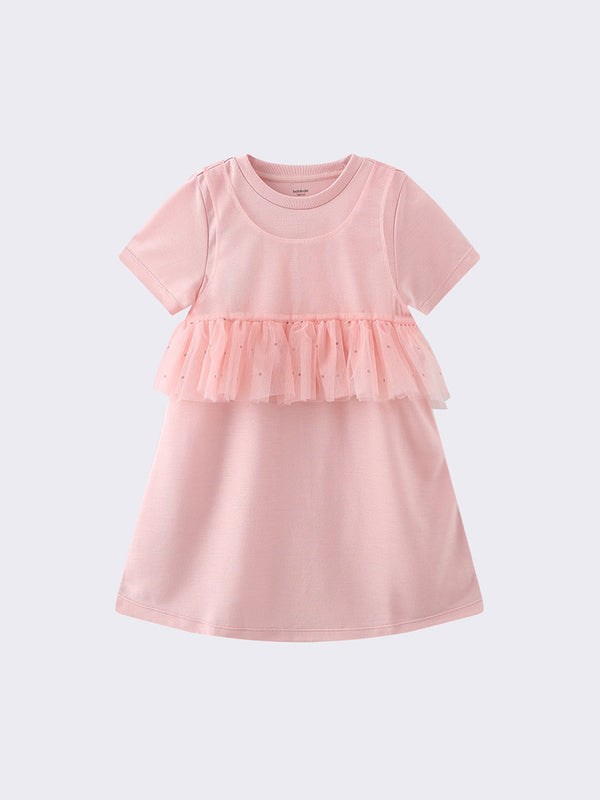 T-shirt dress with mesh ruffled vest