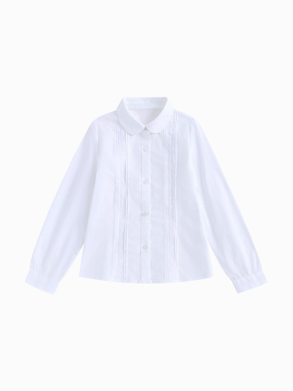 Long Sleeve Solid Color Shirt - Crochet Details on Front with Front Button Closure