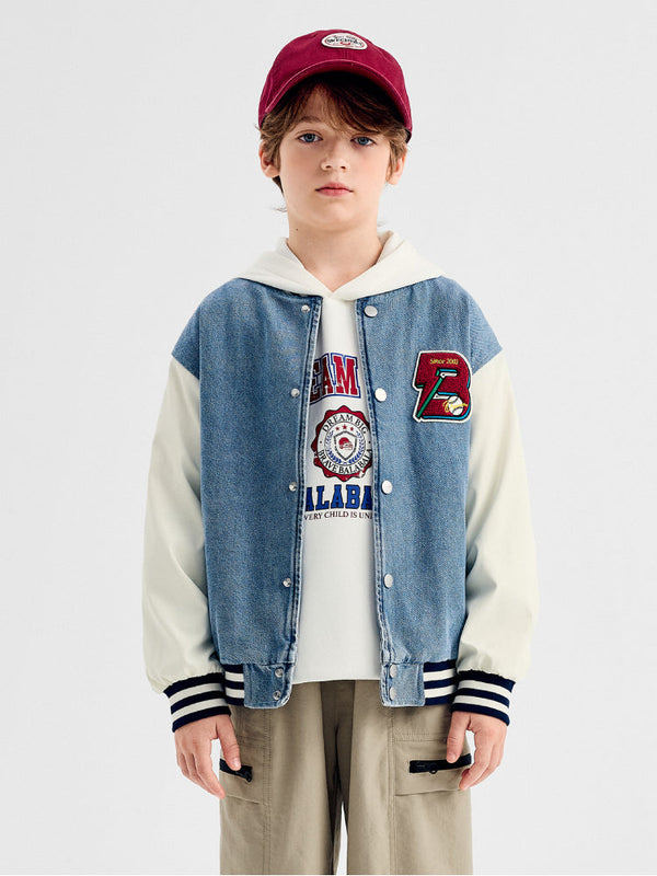 Boys' Denim Varsity Jacket With Embroidery Patch